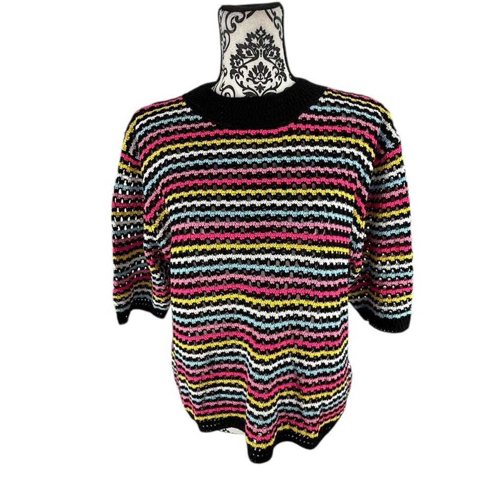 Vintage-Inspired Rainbow Crochet Knit Striped Sweater Boho Indie Color Pop Knit - Picture 9 of 15